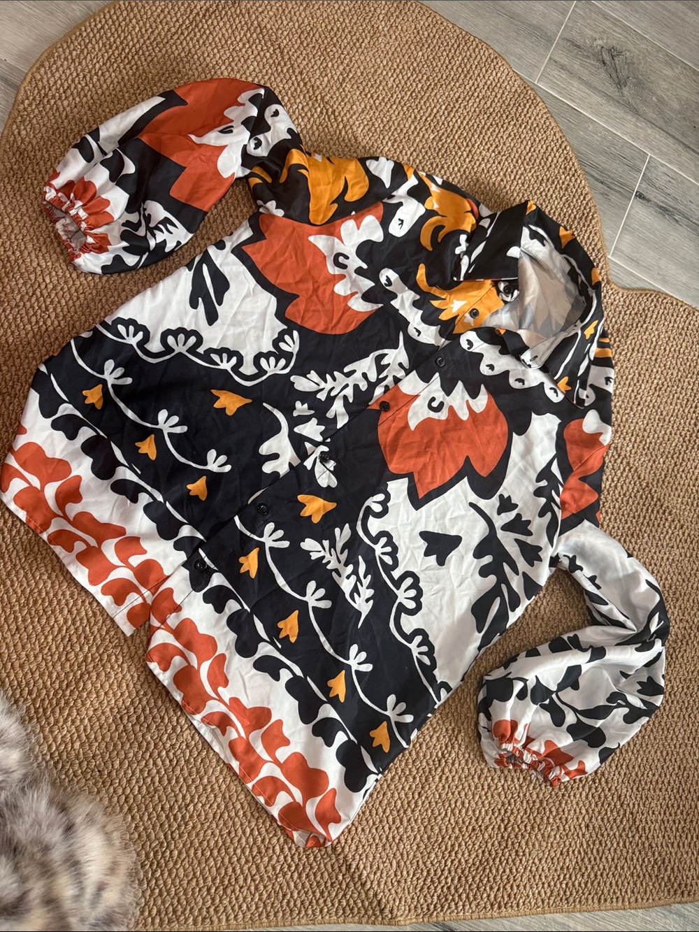 Bold Floral Button-Down Shirt in Black, White & Orange